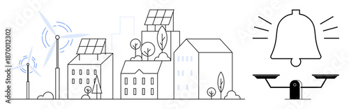 Renewable energy, urban planning, sustainability, eco-friendly technology, climate change awareness, energy efficiency. Urban buildings with solar panels and wind turbines, and a balance concept