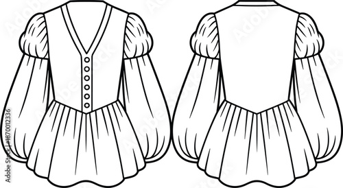 Women puff sleeve dress technical fashion illustration, V neck button bodice design, front and back view, feminine apparel flat sketch