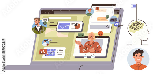 Remote work, online education, telecommunication, virtual meetings, digital interaction, teamwork. Laptop screen displaying charts, user profiles and messages. Remote work and online education