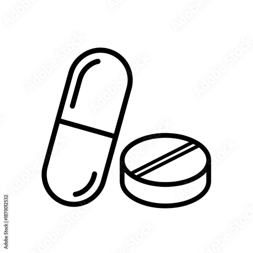 Medicine Pill and Capsule Outline Icon for Healthcare, Pharmacy, and Treatment