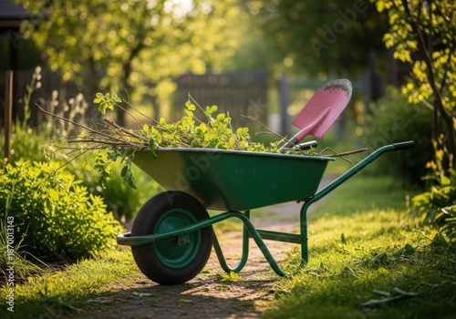 A green wheelbarrow filled with branches and leaves sits in a sunlit garden, ready for spring cleanup or yard work