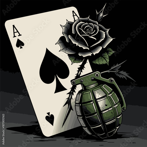 image of a grenade with an ace card background