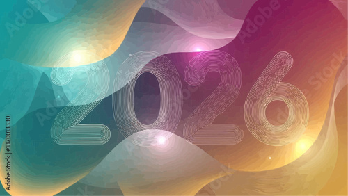 an abstract artistic composition features the year 2026 prominently displayed within a swirling colorful and dynamic background of blended