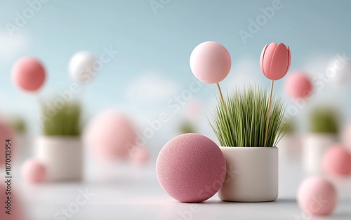 Minimalist Easter Spring Celebration with Pink Flowers and Balloons