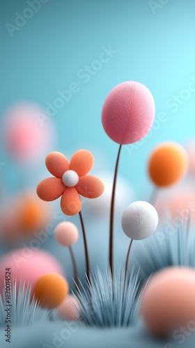 Whimsical Fluffy Flowers and Soft Spheres on Blue Background