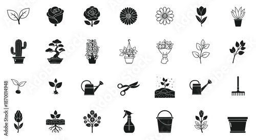 Collection of gardening icons featuring various plants flowers tools and cultivation symbols
