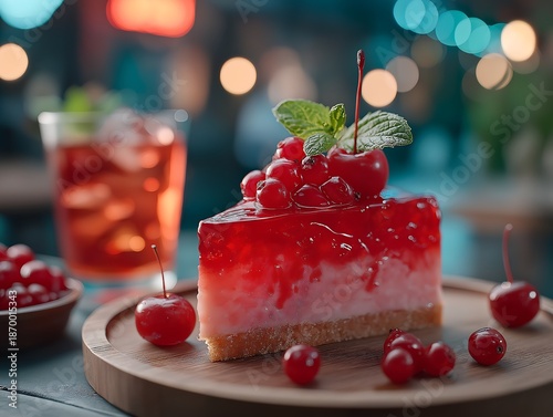 Delicious Cherry Cheesecake Slice with Fresh Cherries and Drink