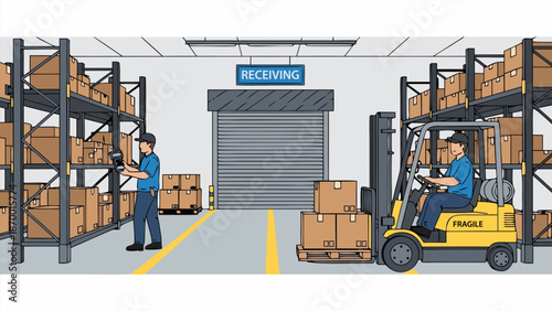 Warehouse Inventory Management and Logistics Operations, Vector Illustration