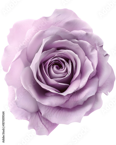 Dusty lavender rose bloom with gentle gradient tones and natural petal layering, premium floral cutout, isolated on white background. 