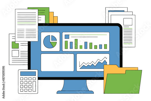 Computer monitor displays financial charts and data, surrounded by.