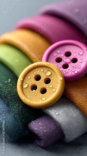 Colorful Sewing Buttons and Textured Fabric Close-up with Water Droplets