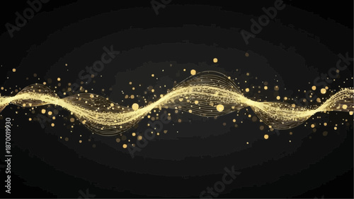 a mesmerizing golden waveform elegantly curves across a dark backdrop adorned with scattered glittering particles and a subtle radial
