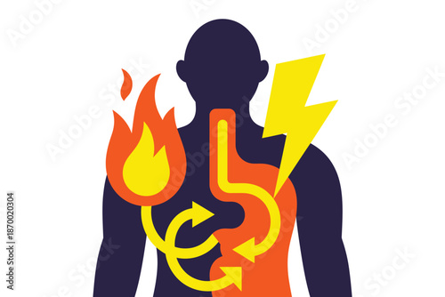 Human silhouette shows acid reflux symptoms with heartburn and sharp.