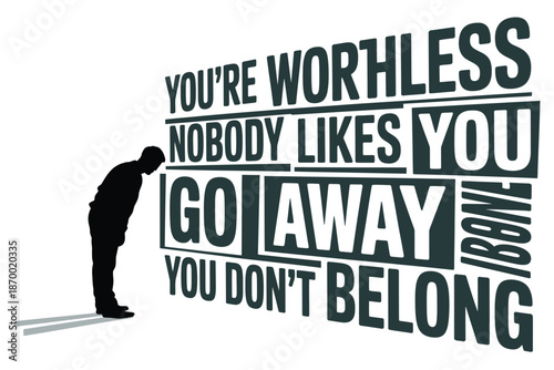 Silhouette bows before large negative text representing self-doubt.