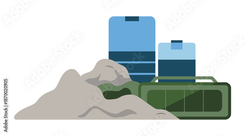 Electronic devices and power banks sit next to a pile of gray sand.