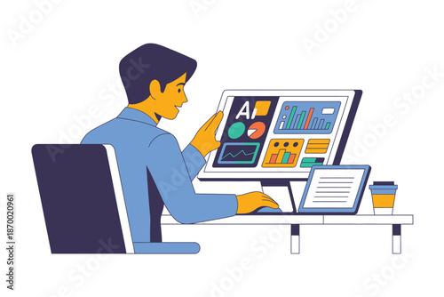 Developer analyzes complex data dashboards on a large computer screen.