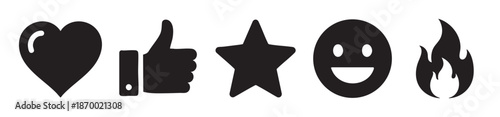 A collection of five simple black vector icons representing social media engagement: heart, thumbs up, star, smiley face, and fire, isolated on a white background.