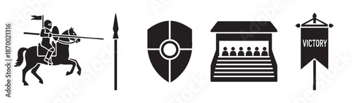 A collection of black vector silhouette icons depicts elements of medieval warfare and victory, including a knight on horseback, a spear, a shield, a spectator stand, and a victory banner.