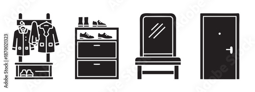 A set of black and white icons depicting hallway furniture, including a coat rack with coats, a shoe cabinet with shoes, a mirror, and a door, ideal for design and illustration.