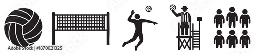 This graphic set features stylized black icons representing volleyball elements, including a ball, net, player serving, referee, and spectators, perfect for sports or game-related designs.