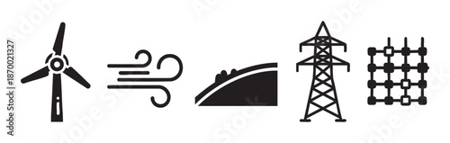 Collection of simple black icons representing renewable energy, wind power, electricity transmission, and infrastructure concepts, ideal for technology and environmental themes.