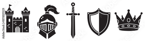 A collection of iconic black silhouettes representing medieval fantasy elements including a castle, knight helmet, sword, shield, and crown, perfect for design projects.