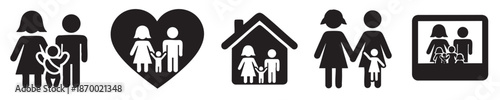 A collection of simple black and white iconographic representations of families, depicting various family structures and symbols of home and love.