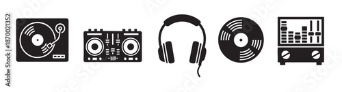 A collection of black icons depicting essential DJ equipment including a turntable, mixer, headphones, vinyl record, and equalizer, representing music and entertainment media.