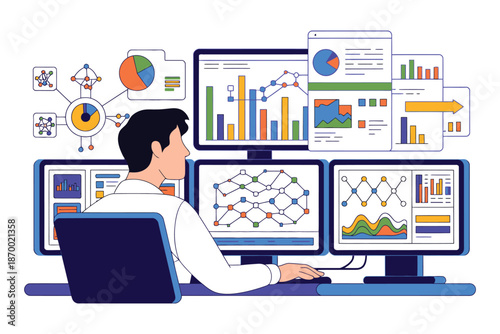 Analyst monitors complex financial data across multiple computer.