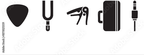 A collection of black silhouette icons representing essential guitar accessories including a pick, tuning fork, capo, case, and jack plug, perfect for music-related designs.