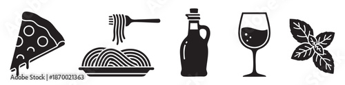 A collection of black silhouette icons representing a slice of pizza, spaghetti on a fork and plate, olive oil bottle, wine glass, and basil leaves on a white background.