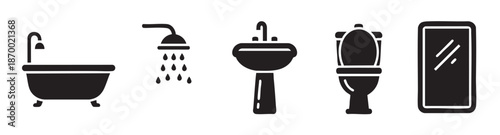 A collection of clean, black silhouette icons representing essential bathroom fixtures including a bathtub, shower, sink, toilet, and mirror on a white background.