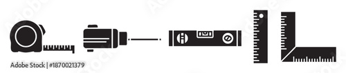 A collection of black silhouette icons representing common measuring tools, including a tape measure, level, and rulers, isolated on a white background.