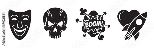 A collection of four black silhouette icons on a white background, featuring a comedy-tragedy mask, a skull, a "BOOM" comic explosion, and a rocket ship inside a heart.