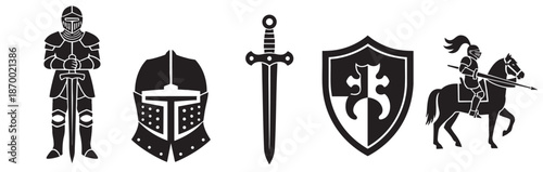A collection of black silhouette icons representing medieval knights in armor, a helmet, sword, shield, and a knight on horseback, perfect for historical or fantasy themes.