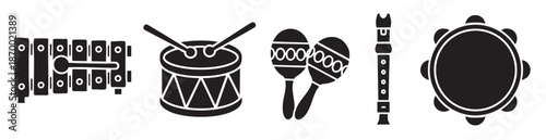 A graphic collection of simple black and white icons representing various musical instruments including a xylophone, drum, maracas, recorder, and tambourine.