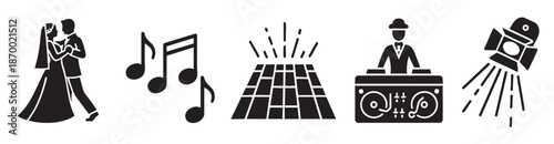 A collection of black and white silhouette icons representing a wedding couple dancing, musical notes, a disco ball, a DJ booth, and a spotlight, perfect for event planning or party themes.