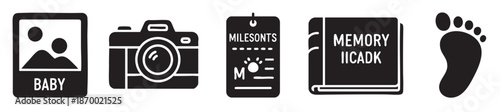 A collection of black silhouette icons representing a baby photo, camera, milestone tag, memory book, and a baby footprint, ideal for documenting childhood memories.