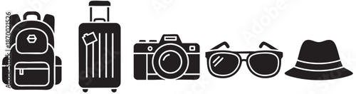 A collection of black graphic icons representing travel essentials including a backpack, suitcase with a tag, camera, sunglasses, and a fedora hat on a white background.