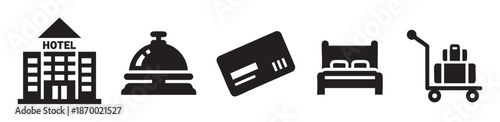A collection of clean black icons representing various hotel services, including a building, reception bell, credit card, bed, and luggage cart, ideal for travel and hospitality themes.