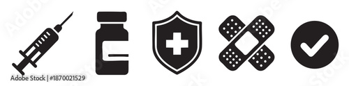 A clean black and white set of vector icons representing medical elements such as a syringe, vial, shield with cross, band aids, and a checkmark, symbolizing healthcare, protection, and vaccination.