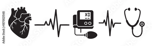 A clean black and white graphic displays a heart, ECG waveform, blood pressure monitor, and stethoscope, representing healthcare and cardiology.