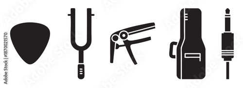 A collection of black silhouette icons representing essential guitar accessories, including a pick, tuning fork, capo, case, and jack, presented on a clean white background for versatility.