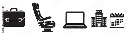A minimalist black and white vector illustration presents a set of icons representing business travel: a briefcase, an airplane seat, a laptop, a hotel building, and a calendar.