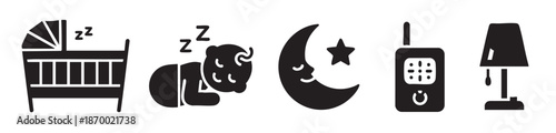 A collection of black silhouette icons representing baby sleep elements, including a crib, sleeping baby, moon and star, baby monitor, and a lamp, on a white background.