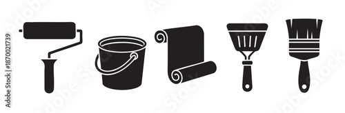 A collection of black silhouette icons representing essential painting and decorating tools, including a paint roller, bucket, wallpaper roll, putty knife, and paintbrush, ideal for renovation and DIY