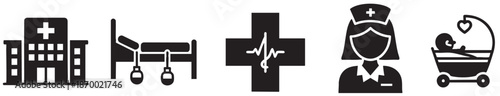 A collection of simple black vector icons representing healthcare, including a hospital, medical bed, ECG monitor, nurse, and baby crib.