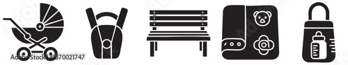 A collection of simple black icons representing baby care items including a stroller, backpack, bench, diaper bag, and bottle.