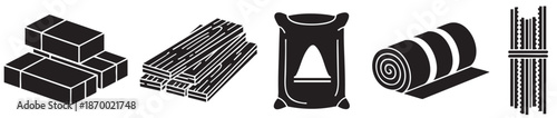 Collection of graphic design icons depicting various construction materials including bricks, lumber, a sack, a rolled mat, and rebar, on a white background.