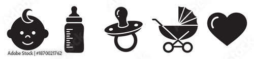 A clean, minimalist black and white graphic set featuring icons of a baby face, feeding bottle, pacifier, baby stroller, and heart symbol.